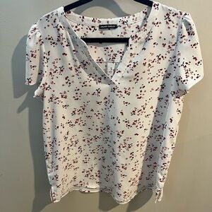 Hilary Radley White Blouse with Red Floral Design